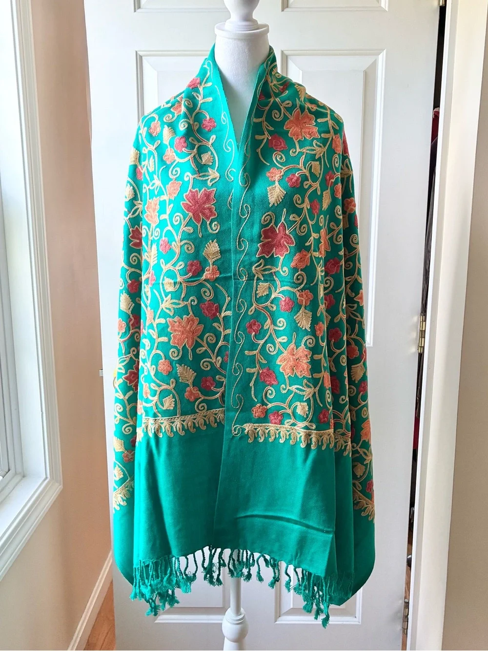 Green  Embroidered Large Scarf Shawl Wrap with Fringe Fall Leaf Motif Green